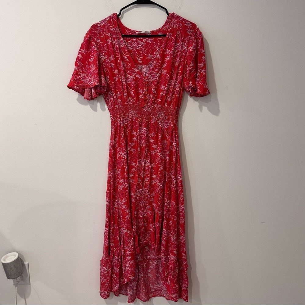 Abel the label by anthroplogie red floral v neck short sleeve maxi dress